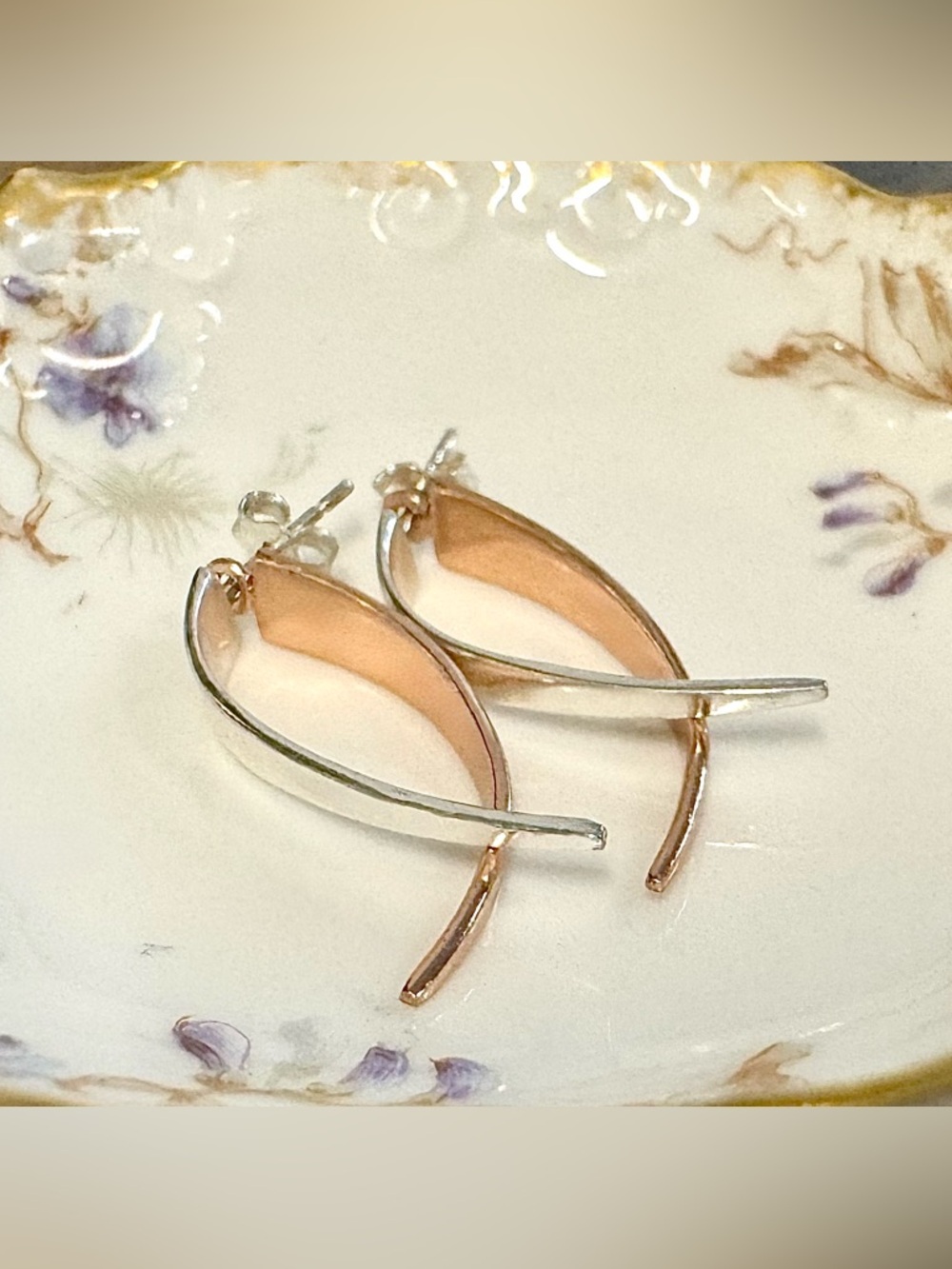 Vintage Signed Sterling Silver & Copper Ear Jackets